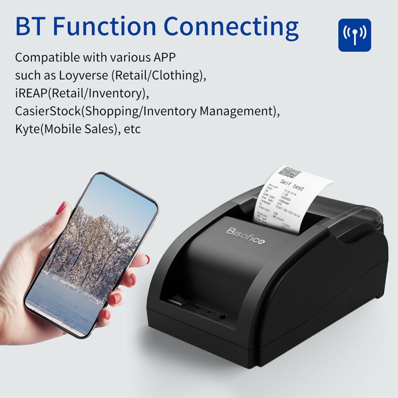 efficient and versatile 58mm wireless barcode printer with usb and bluetooth connectivity includes 1 roll of thermal paper supports esc command for easy printing