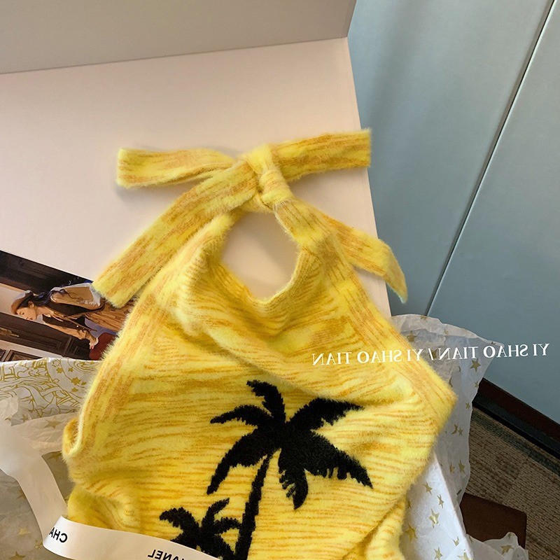 Nuovo design da donna con scollo all'americana, colore giallo, stampa albero di cocco, maglia sexy da spiaggia, canotta estiva SMLXL