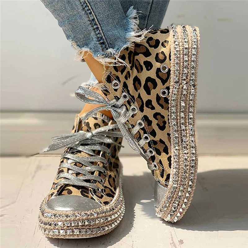 Dress Shoes Women Sneakers Leopard Shoes Women Canvas Shoes Leisure Lace-Up Low High Top Sneakers Basket Femme Big Size Women Shoes J230806