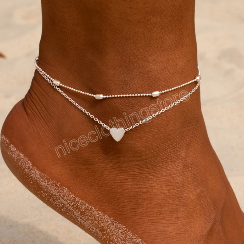 Charm Double-deck Heart Pendant Anklets for Women Fashion Foot Chain Bracelet Valentine's Day Gift Beach Jewelry Accessories