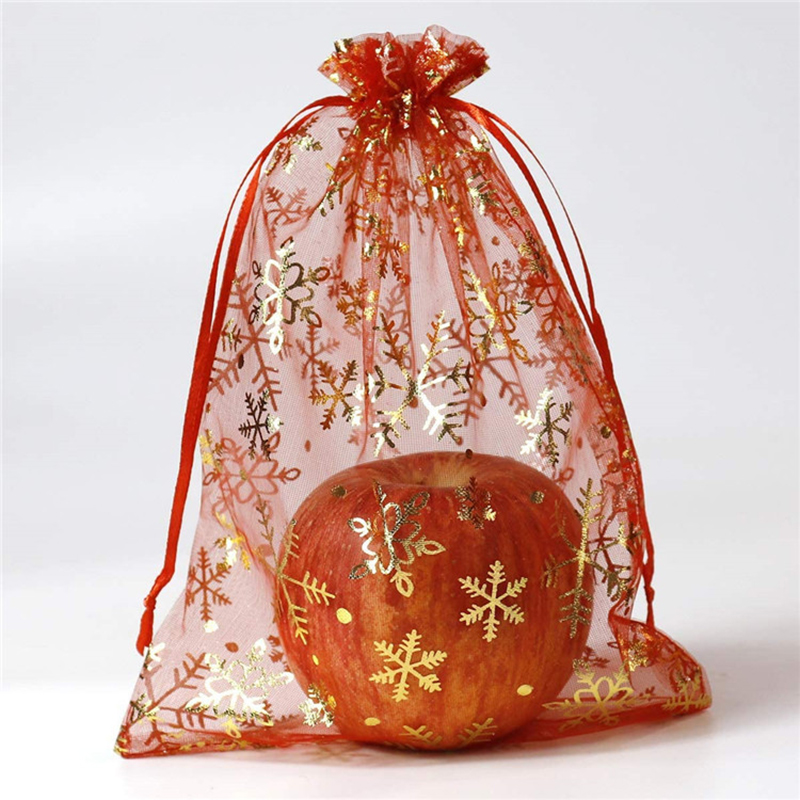 13x18cm Organza Borse con coulisse Sacchetti gioielli, Fiocchi di neve Sheer Candy Chocolate Party Natale Bomboniere Sacchetti regalo,