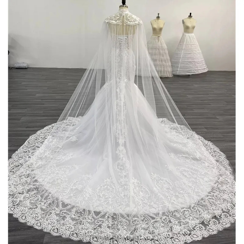 New Arrive Lace Mermaid Wedding Dresses With Tulle Shawl Slim Elegant Bridal Gowns Vestido Noiva Sereia Robe De Mariee