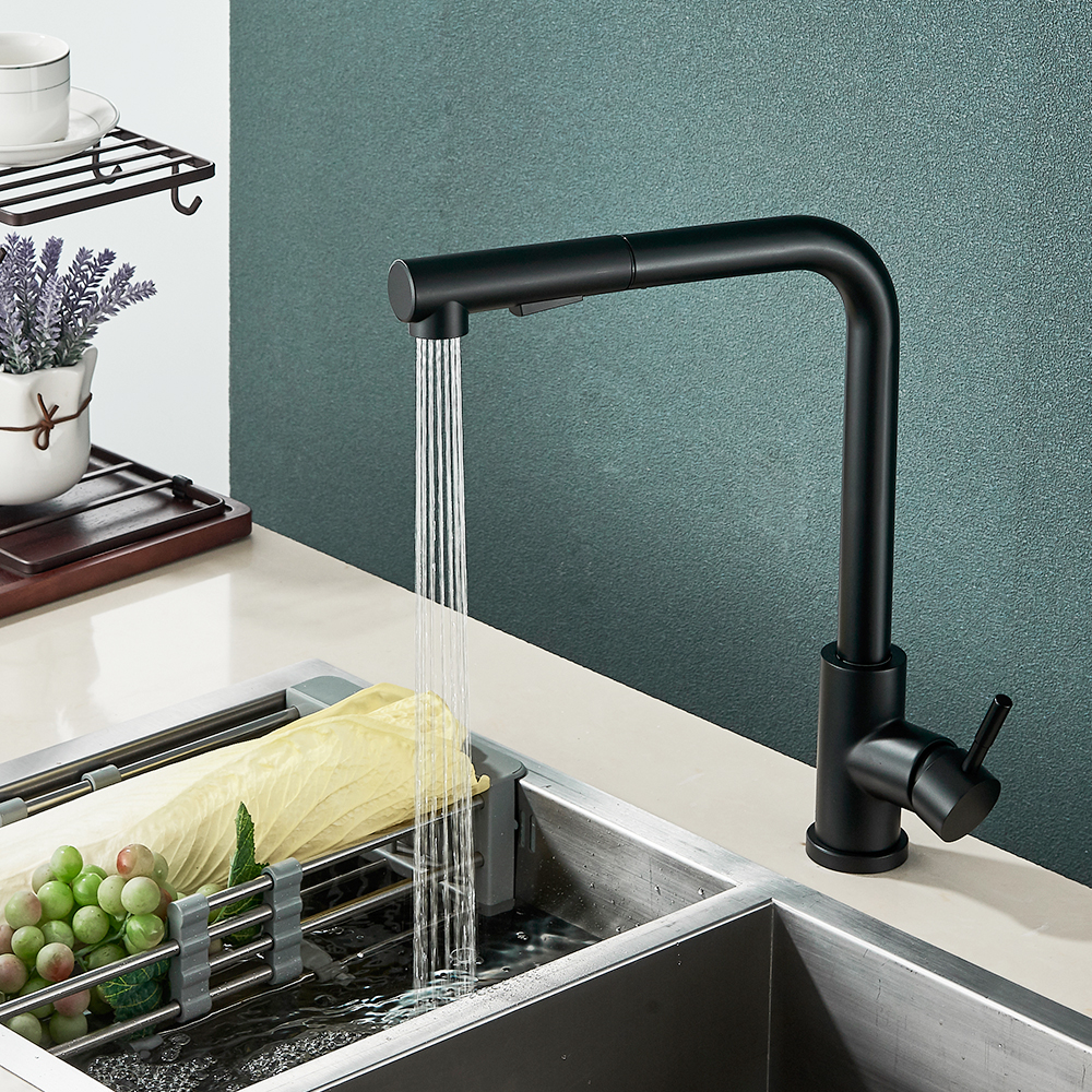 Svart Pull Out Kitchen Sink Faucet Två Model Stream Sprayer Munstycke Rostfritt stål Hot Cold Wate Mixer Tap Deck