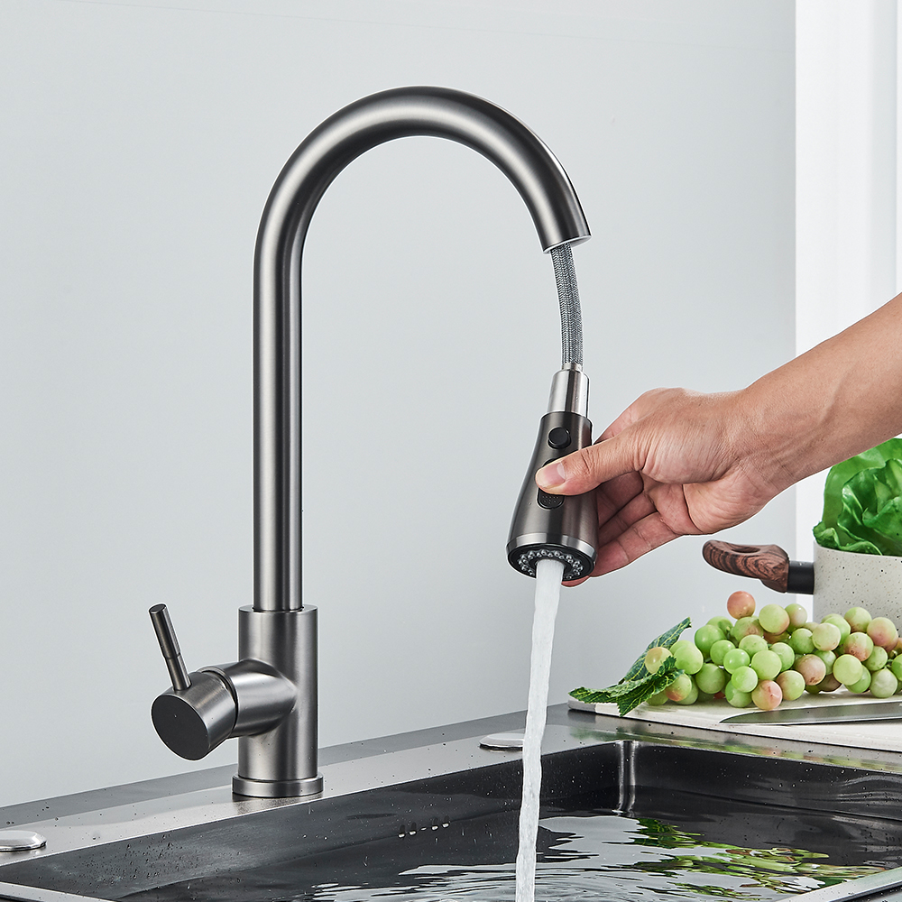 Borstat nickelkökskran FLexibelt Pull ut munstycke Kitchen Sink Mixer Tap Stream Sprayer Head Deck Black Hot Cold Water Taps