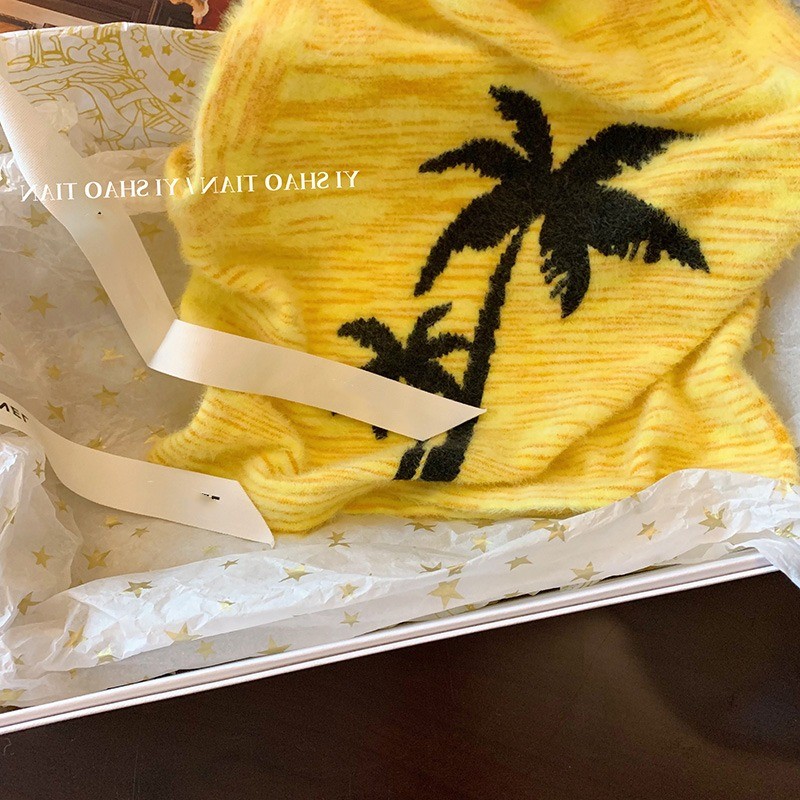 Nuovo design da donna con scollo all'americana, colore giallo, stampa albero di cocco, maglia sexy da spiaggia, canotta estiva SMLXL
