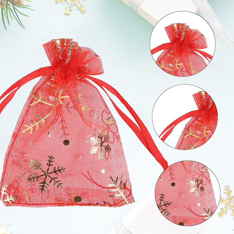 13x18cm Organza Borse con coulisse Sacchetti gioielli, Fiocchi di neve Sheer Candy Chocolate Party Natale Bomboniere Sacchetti regalo,