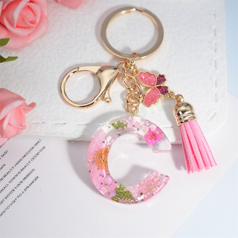 Pink Dry Flower 26 Initial A To Z Resin Keychain With Butterfly Tassel Pendant Shiny Keyring for Women Girl Handbag Accessories