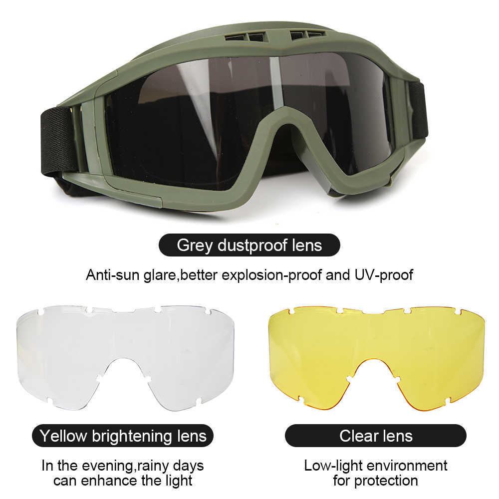 Tactical Goggles 3 Lens Black Tan Green Windproof Dustproof Motocross Motorcycle Cycling Glasses CS Paintball Safety Protection