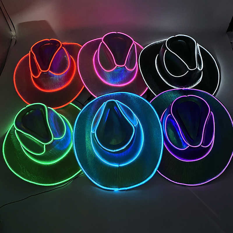 Party Hats Wireless Shiny Rolled Brim Cowboy Hat Fluorescent Party Props Luminous LED Cowboy Cowgirl Hat Flashing For Bridal Party HKD230807