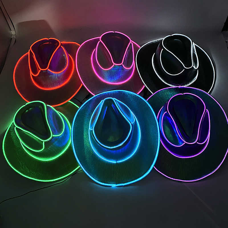 Chapéus de festa sem fio brilhante aba enrolada chapéu de cowboy fluorescente adereços de festa luminoso led chapéu de cowboy cowgirl piscando para festa nupcial hkd230807