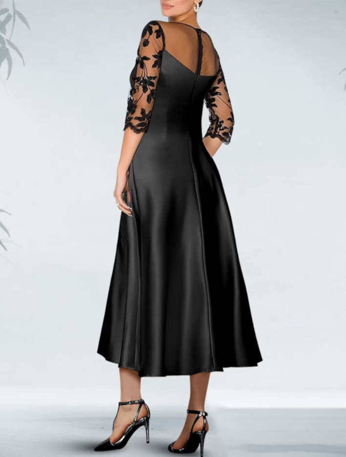 Elegant A-Line Black Satin Mother of the Bride Dresses With Pockets A-Line Lace Godmother Dresses Formal Party Gown Pleats La madre del vestido de novia Women Dresses