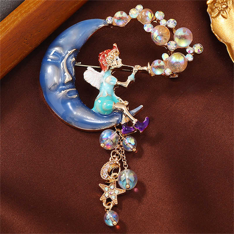 Pins Brooches Retro Heavy Work Glaze Small Bubble Brooch on The Moon Medieval Alloy Tassel Pendant Large Clothing Accessories HKD230807