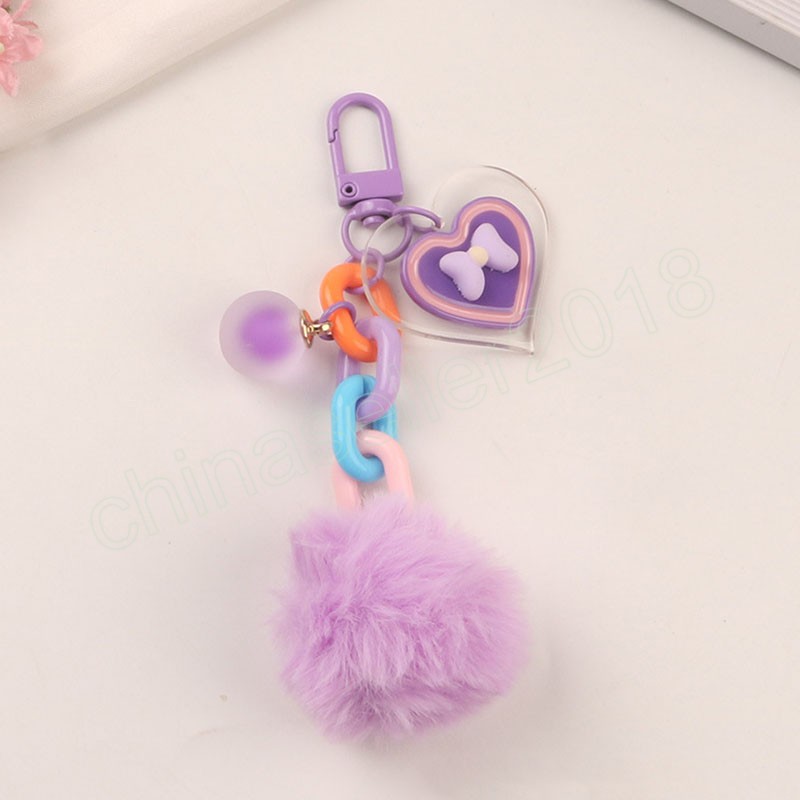 Fashion Fluffy Pompon Keychain Cute Chain Ball Keyring Colorful Heart Tag Ornaments Mobile Phone Case Pendant Key Holder Charms