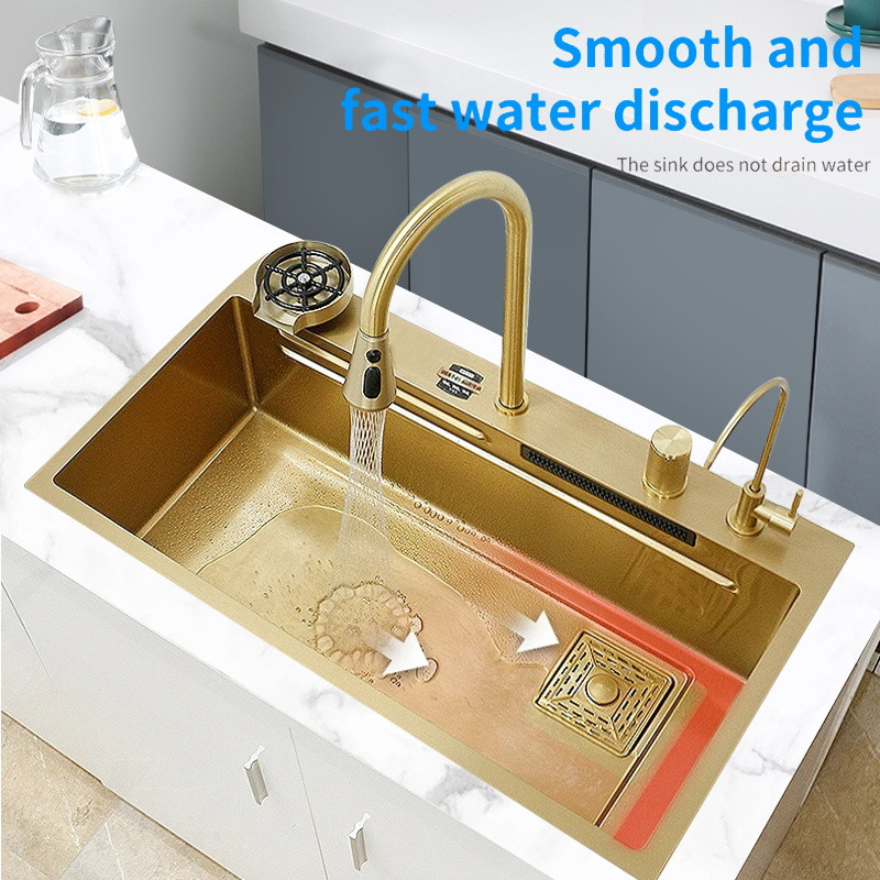 75*46cm Gold Kitchen Sink Waterfall Sink 304 Stainless Steel Large Single Slot Gold Wash Vegetable Basin With Cup Washer