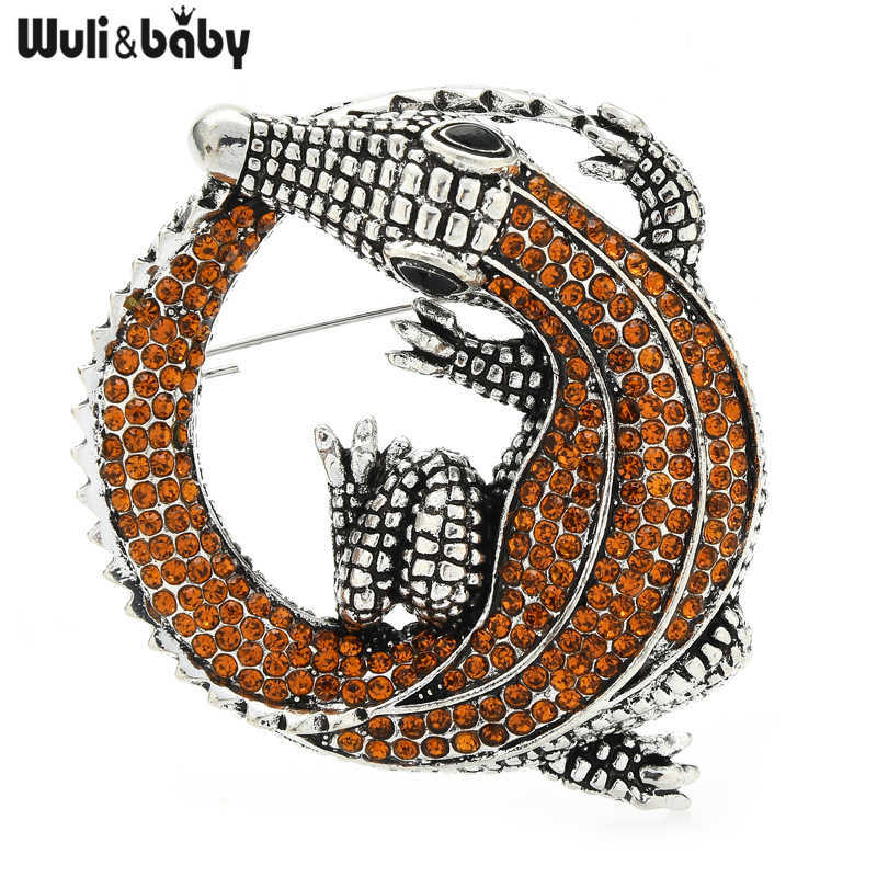 Pins Brooches Wuli baby Big Rhinestone Crocodile Brooches Women Unisex Animal Party Casual Brooch Pins Gifts HKD230807