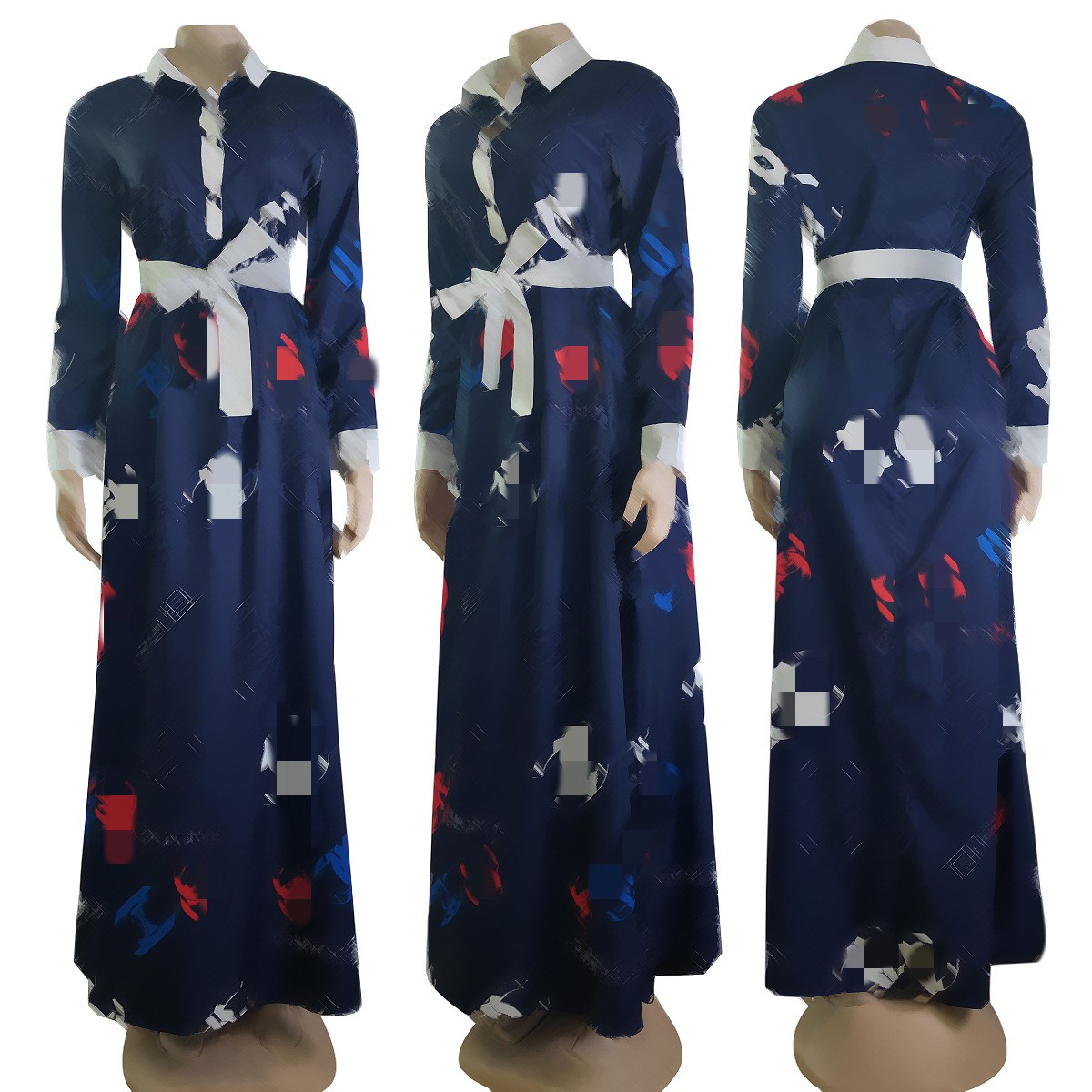 Lyx kvinnors klänning lång kjol bälte fit klänning sommar höst kappa avslappnad stil med buddge brev damer tryck stor swing -knappklänning