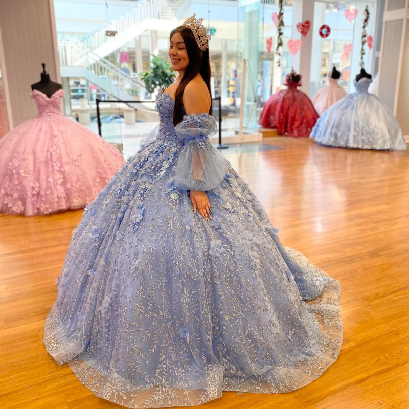 Sky Blue Quinceanera Dresses Ball Gown Applique Crystal 3DFlower Long Sleeved Sweet 16 Dresses Birthday Party Vestidos De XV Anos