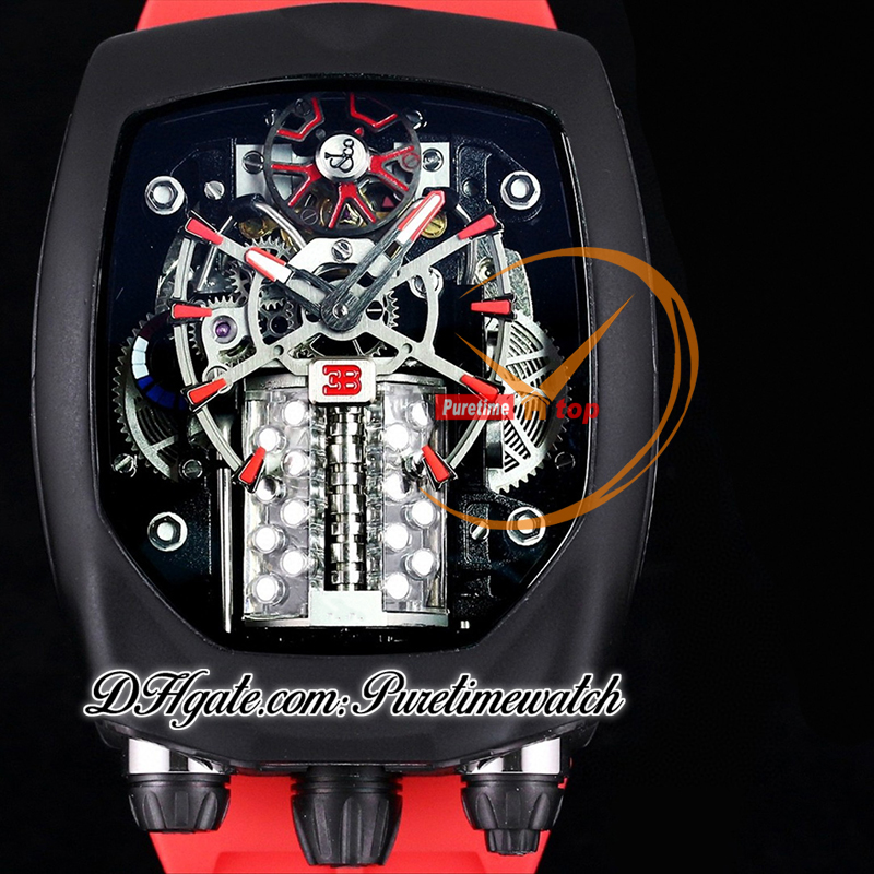 Bugatti Chiron Tourbillon Autoamtic Mens 시계 PVD 강철 케이스 검은 골격 다이얼 레드 고무 슈퍼 버전 Herrenuhr Reloj Hombre 시계 BU200.21.ae.ab.a Puretime A1