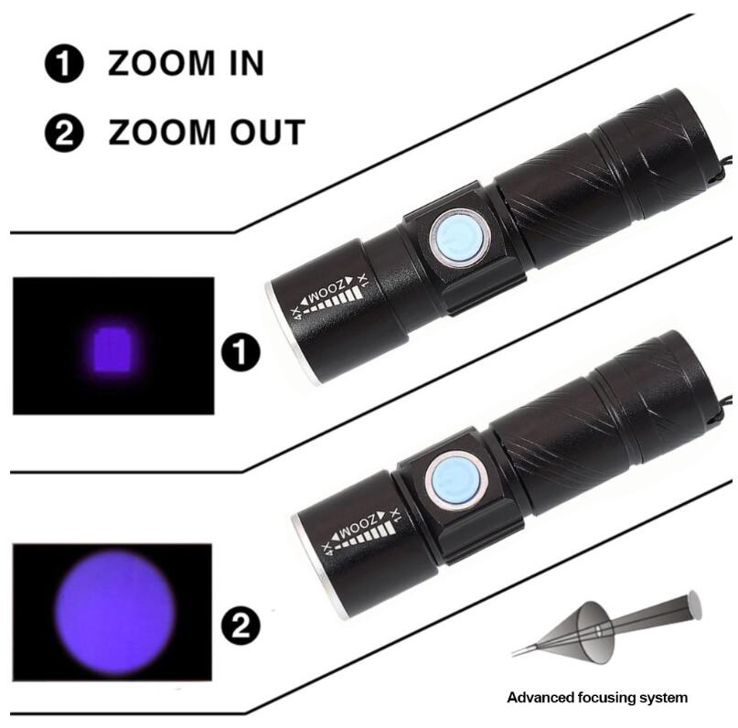 Zoom in alluminio di alta qualità UV Flahlight Usb ricaricabile 395Nm Black Light Uv Torce Mini Pocket Ultra Violet Lights Lamp