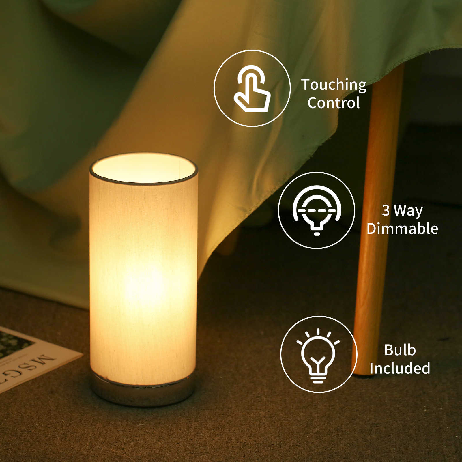 Touching Control Table Light Bedside 3 Way Dimmable Desk Lamp Modern Nightstand Night Lamp with Round Fabric Lampshade Bedroom HKD230807