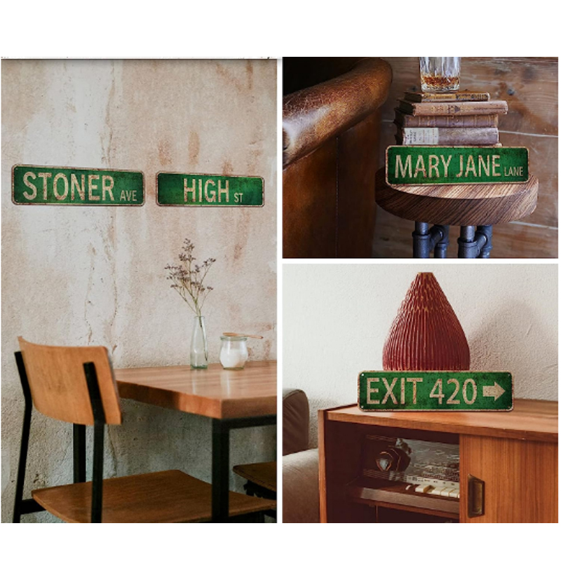 علامة شارع ريفي ريفي رجعية لغرفة نوم ديكور غرفة ثلاثية مقاوم للماء لـ Stoners Stoner Avenue Exit 420 High St Mary Jane Lane for Room Decor