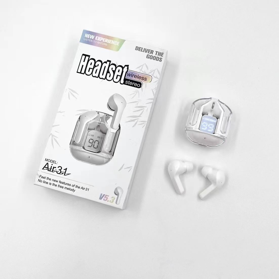 Tws Air31 Crystal Portable Bt Led Display Mini Wireless Earbuds Gaming Headphones In-ear Earphone