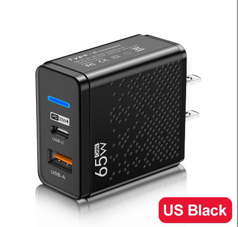 65 W Gan USB-C ŁYSKA DUAL PORT PD USB Type C Szybkie ładowanie QC3.0 Adapter zasilający ładowarki ścienne US EU UK Wtyczki dla Samsung S22 S23 UTRAL Travel Home Backup Smart Phone