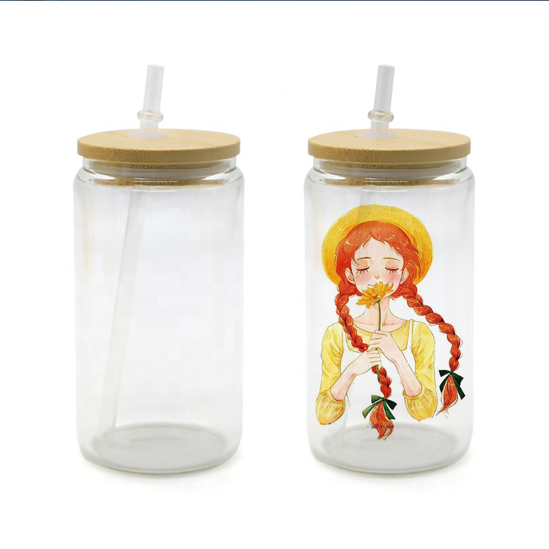 Blanks 16oz Glass Can Frosted Clear Juice Water Bottle With Bamboo Lid Plastic Straw DIY Sublimation Milk Mug For Gift