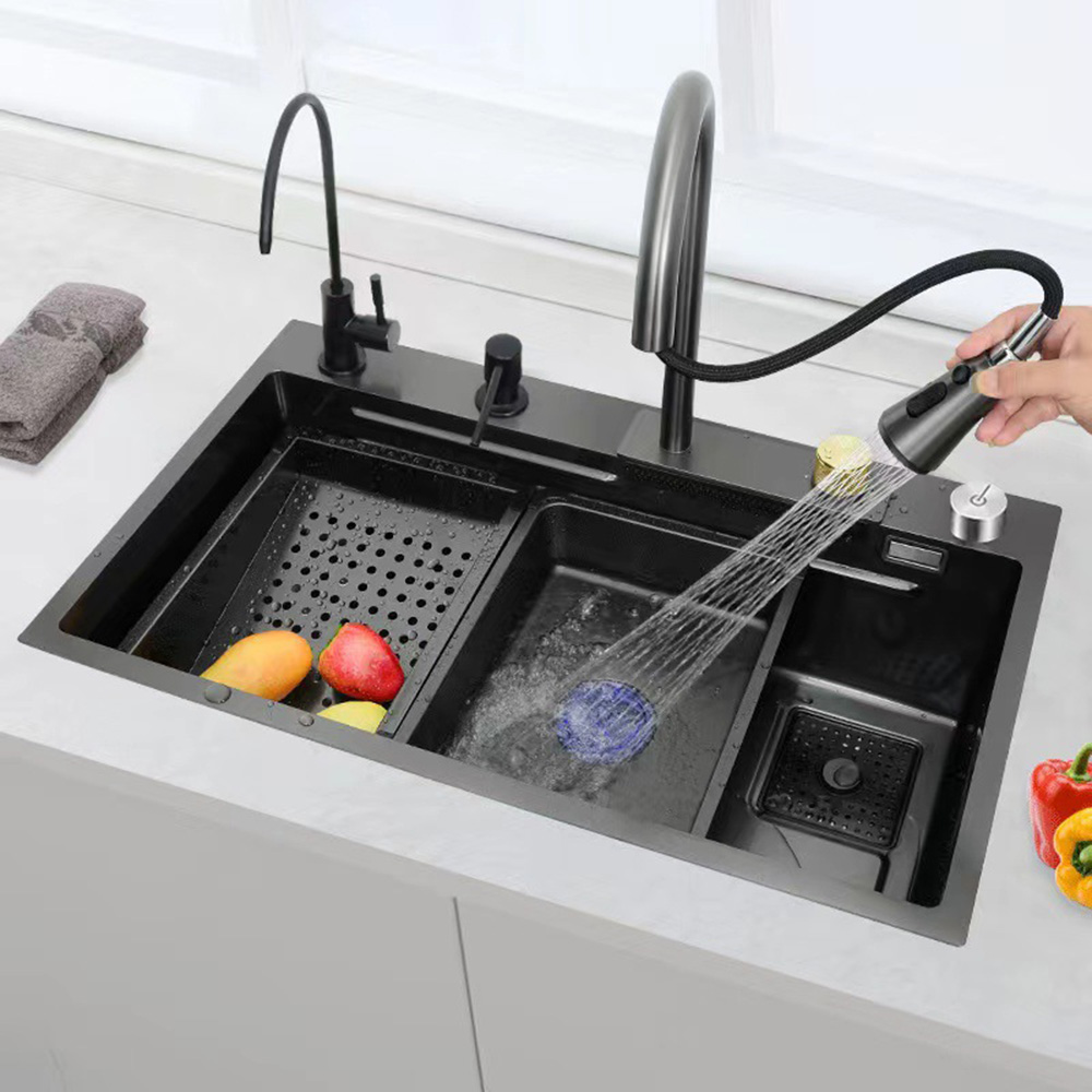 Fregadero de cocina creativo, grifo de cascada, Nano fregadero de acero inoxidable 304, lavabo de un solo cuenco de montaje superior con accesorios de drenaje de tablero