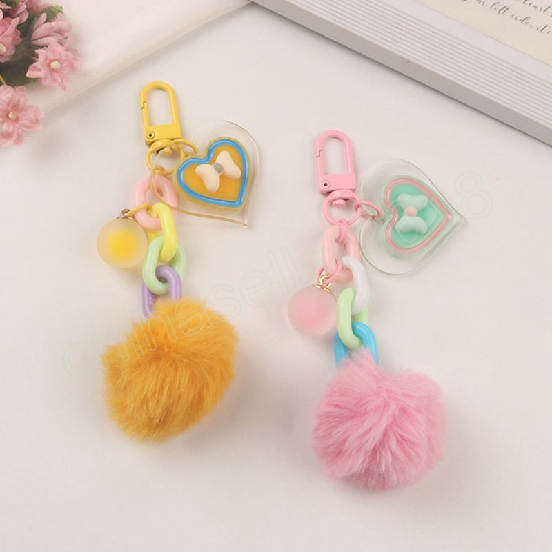 Fashion Fluffy Pompon Keychain Cute Chain Ball Keyring Colorful Heart Tag Ornaments Mobile Phone Case Pendant Key Holder Charms