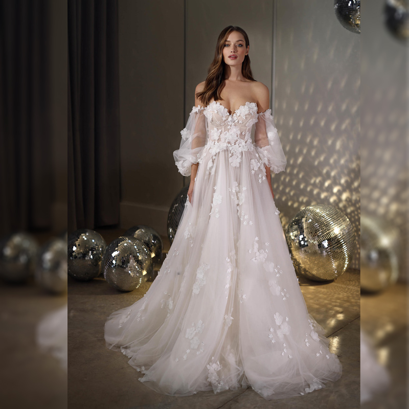 Rimuovi i vestiti da sposa lunghi della manica del vescovo Abiti da sposa eleganti dell'abito da sposa dell'innamorato dei fiori 3D