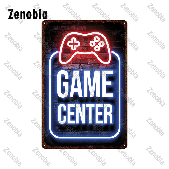 Videogiochi Targhe in metallo Zona di gioco Adesivo in metallo Gamer Decorativo Ferro Pittura Placca Necon Center Latta sala giochi Man Cave Decorazione murale personalizzata 30X20CM w01