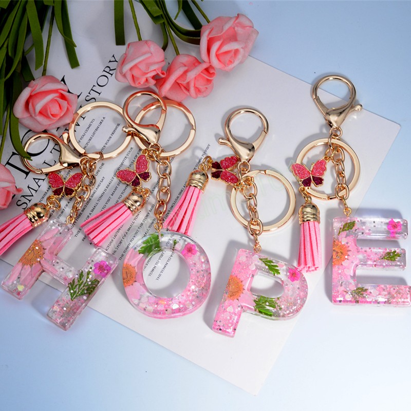 Pink Dry Flower 26 Initial A To Z Resin Keychain With Butterfly Tassel Pendant Shiny Keyring for Women Girl Handbag Accessories