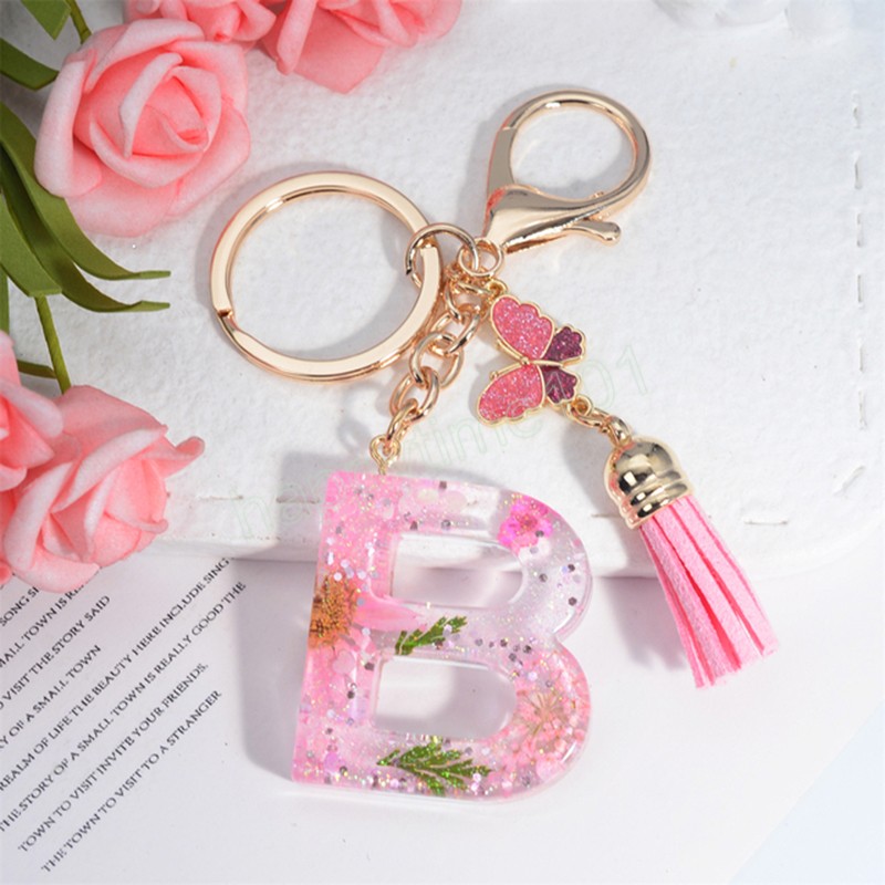 Pink Dry Flower 26 Initial A To Z Resin Keychain With Butterfly Tassel Pendant Shiny Keyring for Women Girl Handbag Accessories