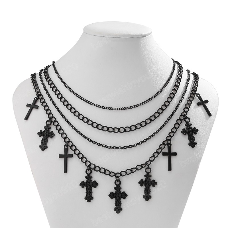 Layered Chain with Cross Pendant Necklace for Women Trendy Black Color Halloween Choker on Neck 2023 Fashion Jewelry Female