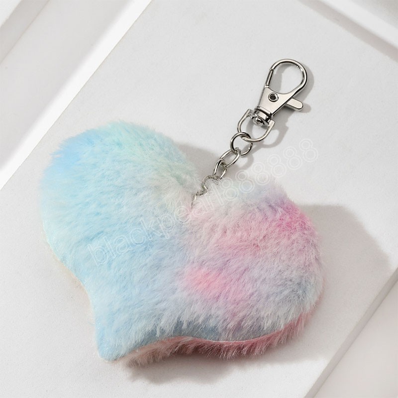 Coloré coeur pompon porte-clés dégradé en peluche boule porte-clés pour femmes sac à main pendentif voiture porte-clés anneaux bijoux cadeaux