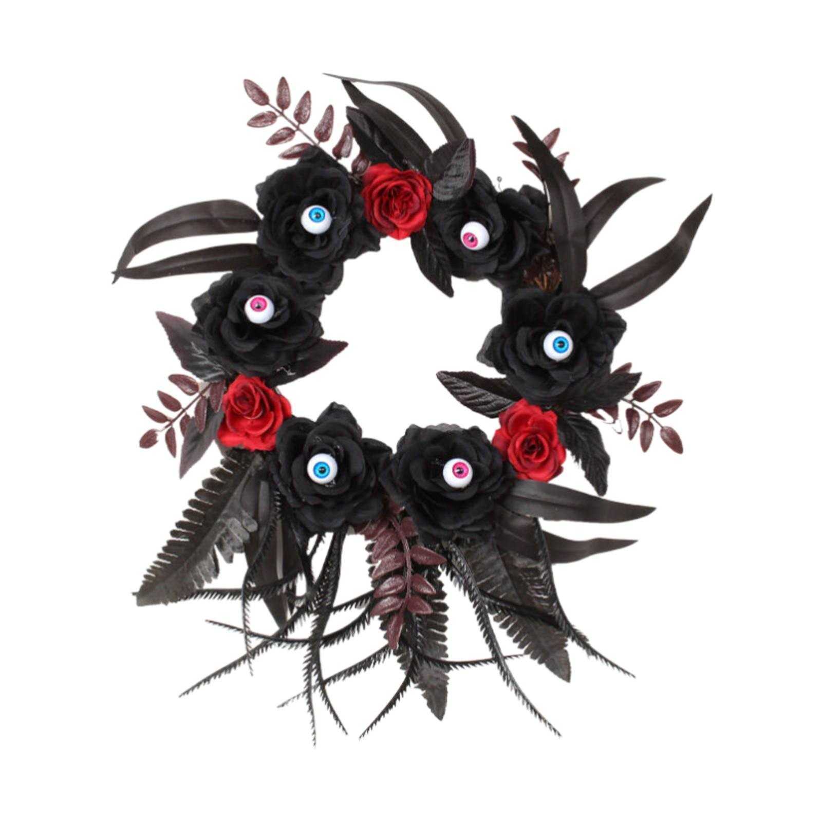 Hangende Faux bloemenkrans met zwarte en rode rozenranken | Verlichte ogen | Kabouters Kerstornament Slinger Kerst L230620