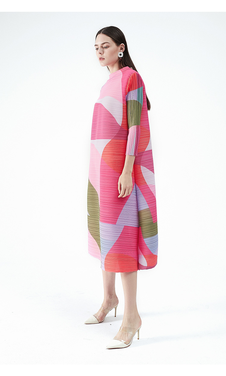 P0095# 플러스 사이즈 드레스 가을 여성 드레스 느슨한 인쇄 주름 중간 허리 레이스 a-line 스커트 통근 스타일