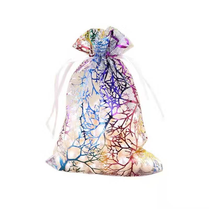 100 st 12x9cm Organza Drawstring Jewelry Candy Presentväskor Pouch med korallint tryck Wedding Party Favor Presentväska Bekväm och miljöpraktik