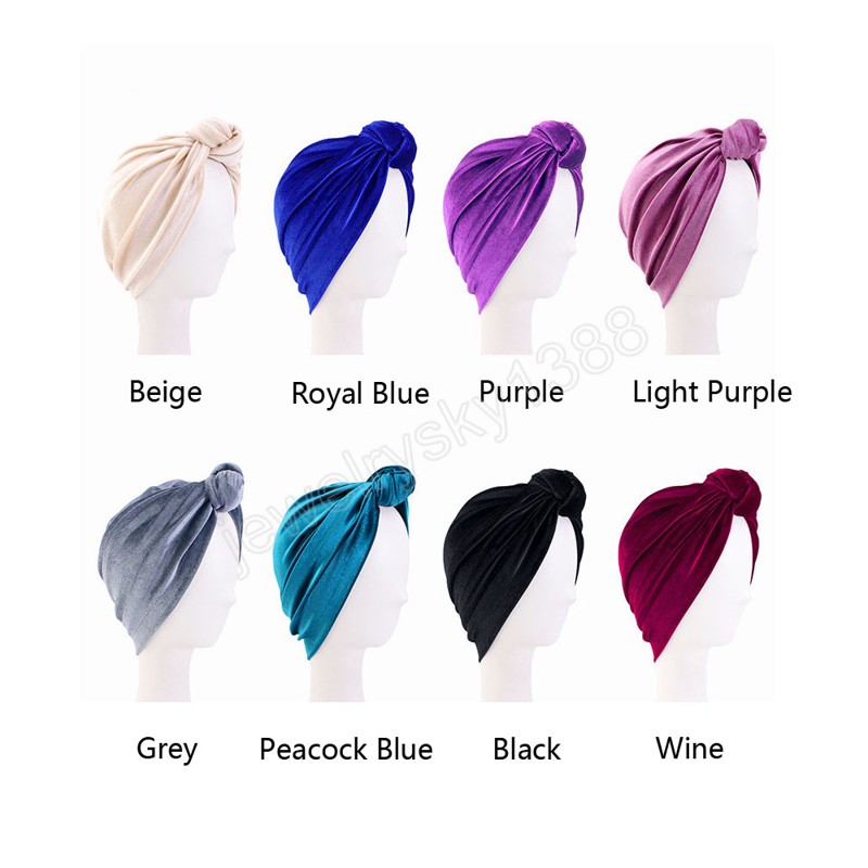 Ny sammet twist knut indiska kvinnor hijab kemo kepsar strech inre hatt cancer håravfall motorhuven turbante femme headwrap scarf mujer