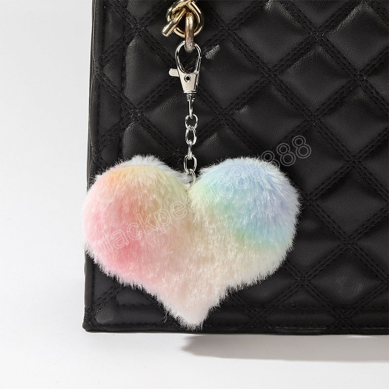Coloré coeur pompon porte-clés dégradé en peluche boule porte-clés pour femmes sac à main pendentif voiture porte-clés anneaux bijoux cadeaux