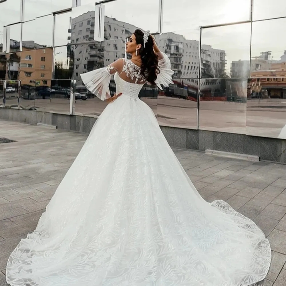 Scoop Neck A Line Wedding Dresses With Juliet Half Sleeves Lace Appliques Bridal Gowns Lace-up Back Tulle Second Recption Dress