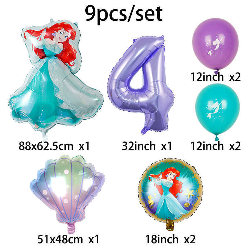 Mermaid Ariel Cartoon Balloons Princess Foil Balloon 32Inch Number Baby Girl Purple Air Baloes Birthday Party Decor Kids Toy HKD230808