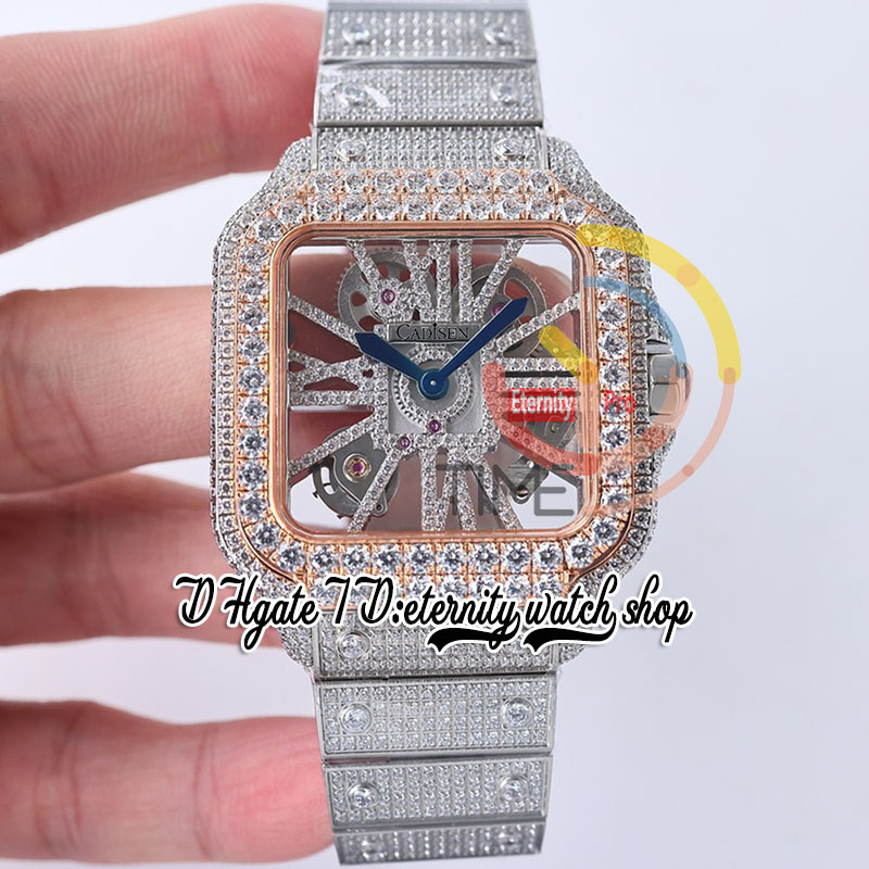 SF TWF0008 Swiss Ronda 4S20 Orologio da uomo al quarzo Completamente ghiacciato Grandi diamanti Lunetta in oro rosa Marcatori romani Quadrante con diamanti scheletro Bracciale in acciaio Orologi Super Edition