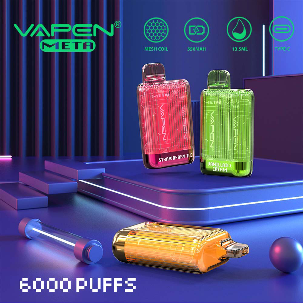 정통 vapen meta 6000 퍼프 C 유형 C 재충전 가능한 일회용 vape 펜 전자 담배 키트 550mAh 배터리 13.5ml 용량 vapes 사전 채워진 바 브랜드 공장 증기