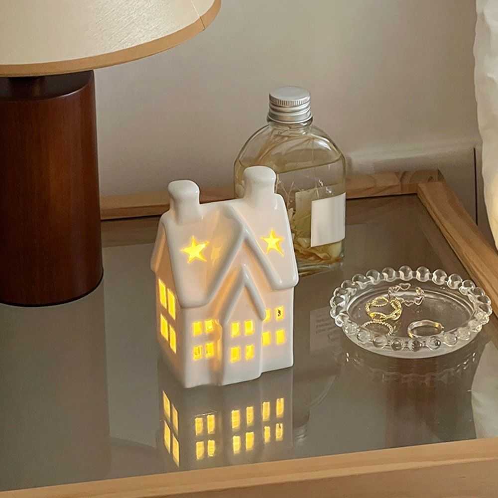Creative White Ceramic Christmas Light Up Cone House Home Decor LED Lights Xmas Ornaments Lamp New Gift Festival Decorations L230620