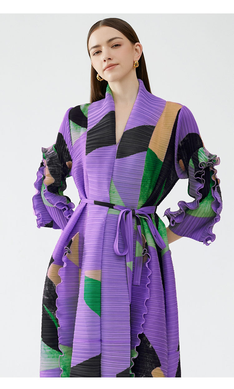 P00110# EAEOVNI Autumn Women's Dress Loose Printed Pleats Mid Waist Lace Up Petal Sleeve A-line Skirt Fold Commuting Style