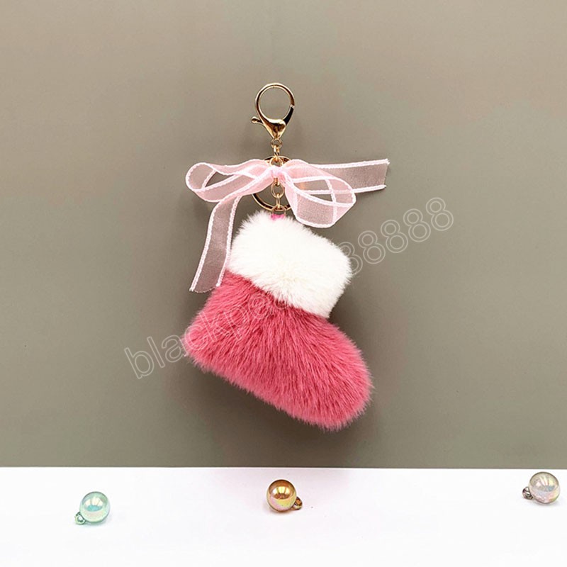 Söta stövlar Forma Pompom Keychain med band Bow Keyring Women Girls Handbag Ornament Car Key Chains Rings Accessories