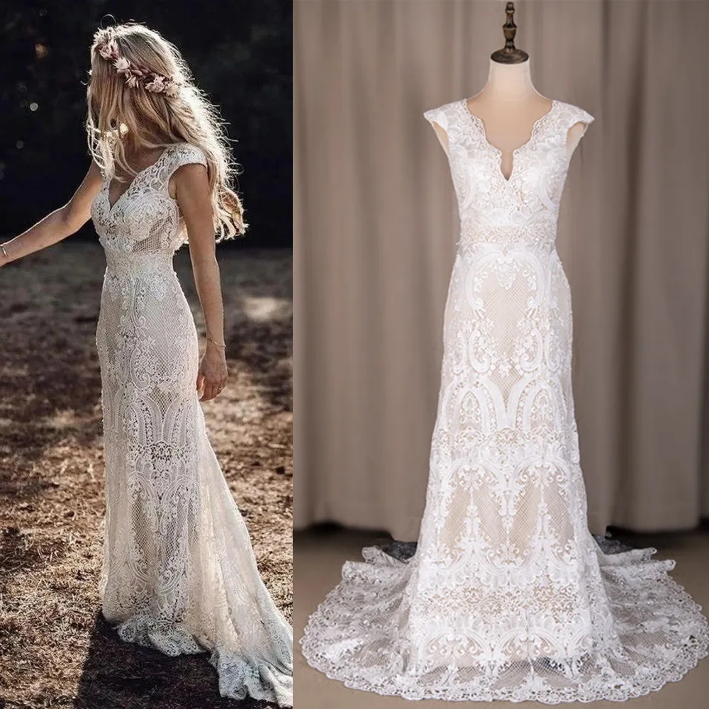 100% Real Photos Simple Sexy V Neck Open Back Cap Sleeve Mermaid Bohemian Sweep Train Lace Wedding Dress Bride Gown 2023