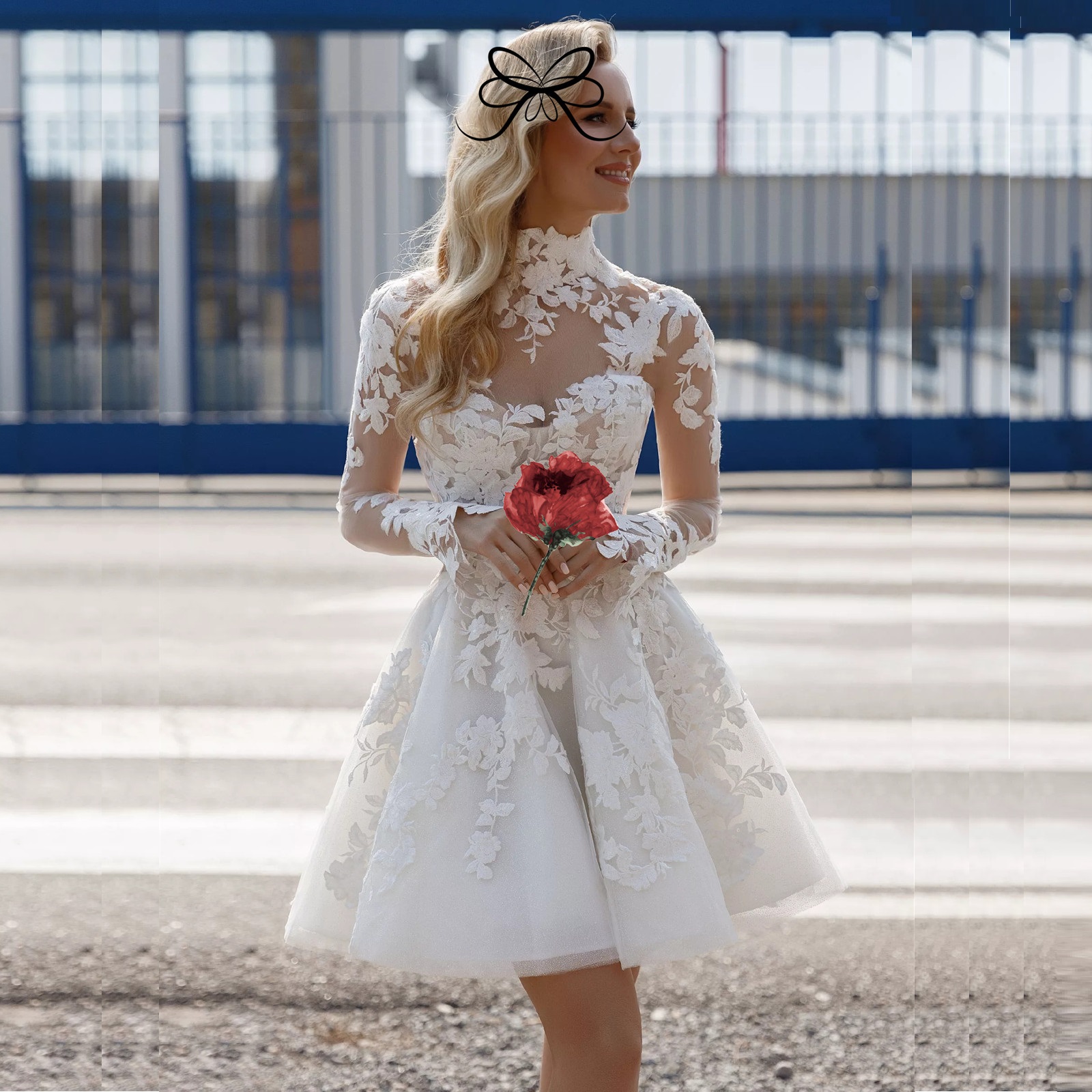 Applique Tull High Neck trouwjurk Illusie Lange mouwen Bridal Jurk Sexy Lace Bride Party 2024